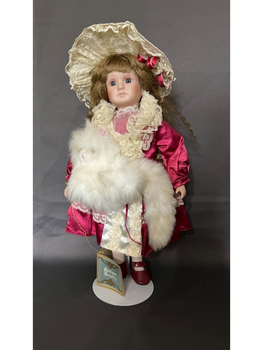 Antique Royalty Porcelain Doll In Burgundy Lace Dress With White Fur Cat Accesso